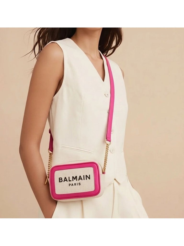 New Authentic Balmain Pink Leather-Trim Canvas Crossbody Bag